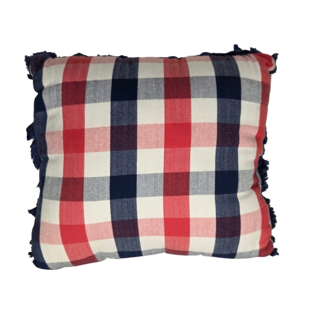 Red White Blue Plaid Throw Pillow Frayed Fringe Edge Farmhouse Decor 14x14